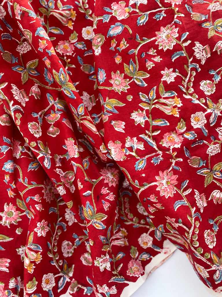 4 Yards of Hand Printed Crimson Flower Fabric